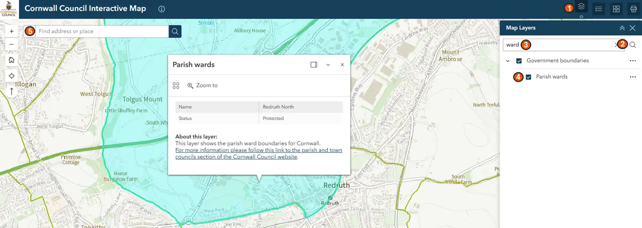Cornwall Interactive Map screenshot showing Redruth North ward